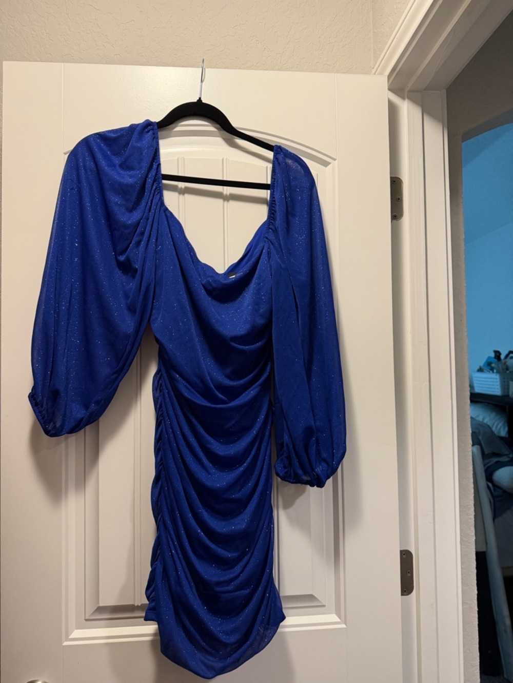 Darling Royal Blue Ruched Long-Sleeve Mini Dress